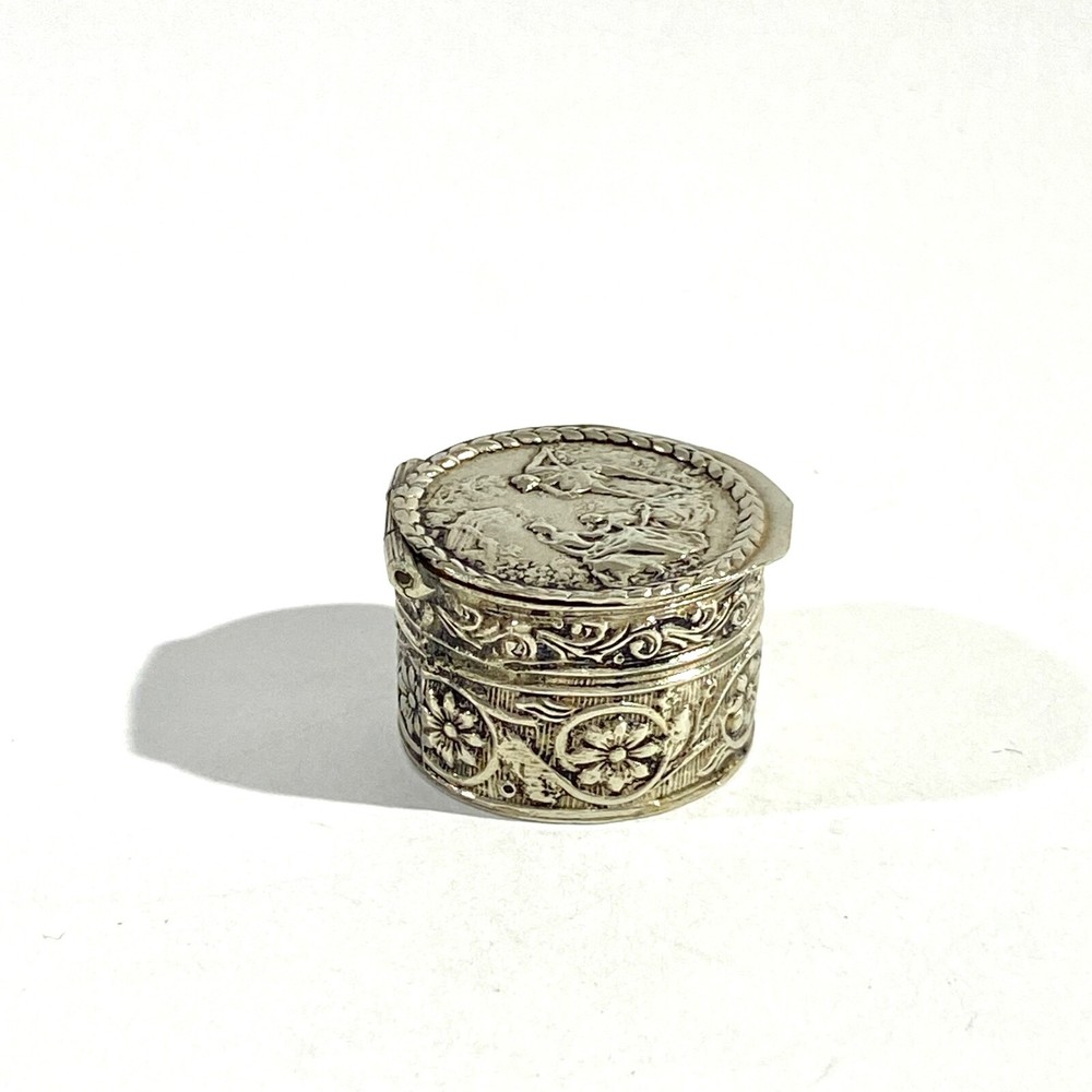 Antique Solid Silver Italian miniature Pillbox , Hallmarked with romantic scene