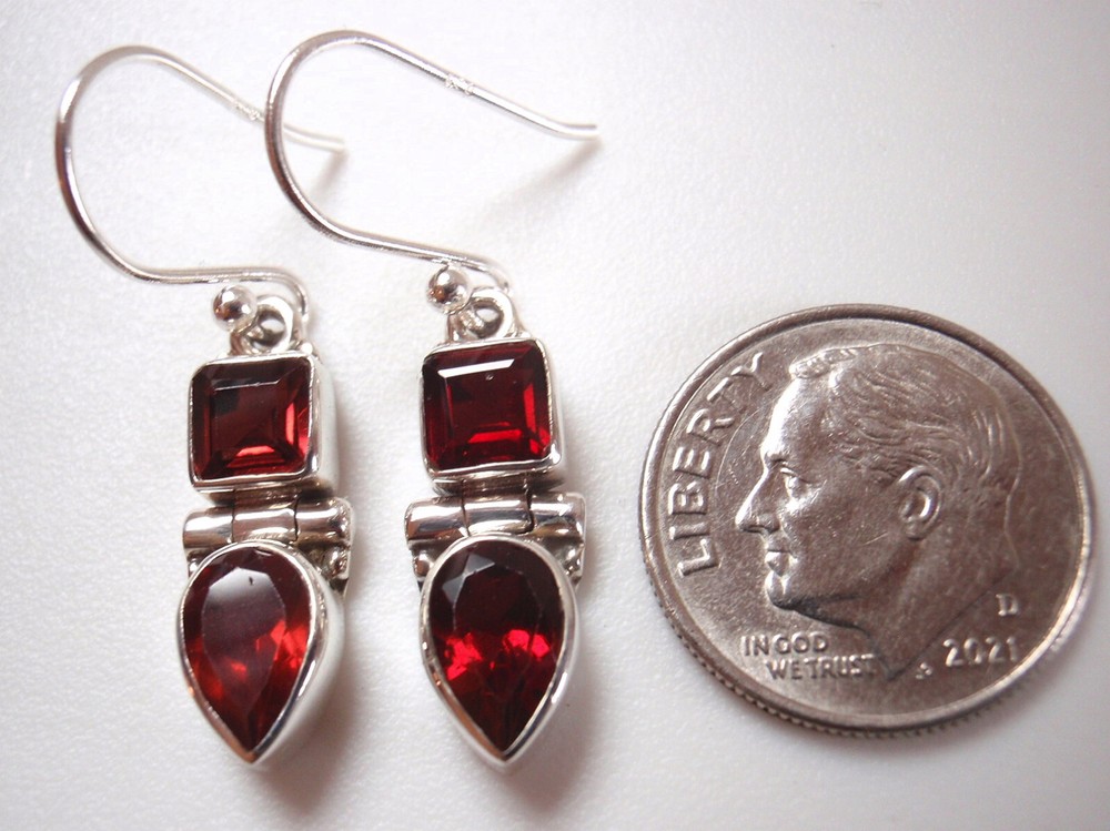 Faceted Garnet Square 925 Sterling Silver Dangle Two-Gem Earrings