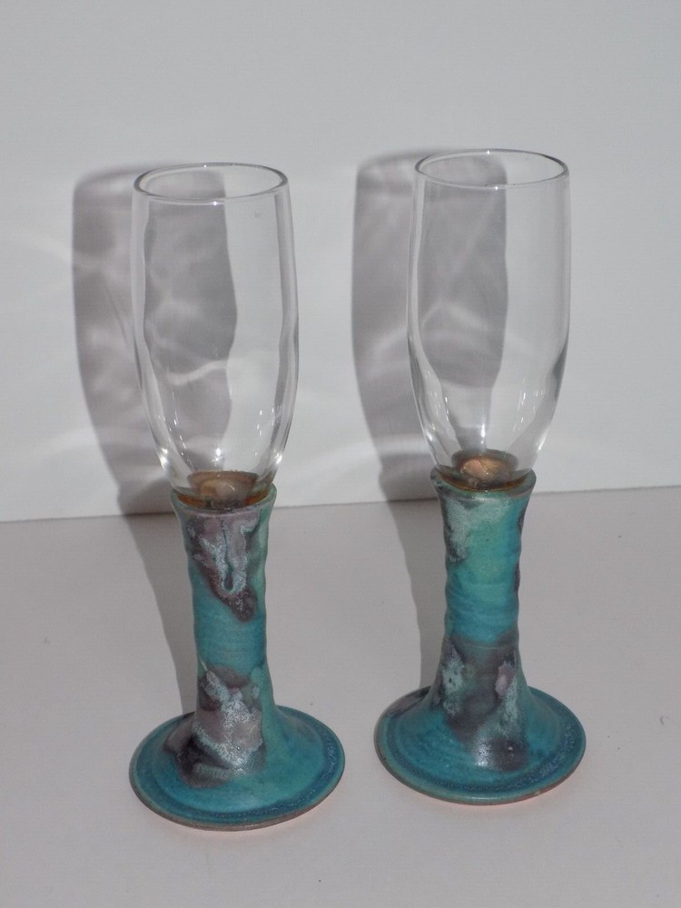 Studio Art Pottery Stem Base Drinking Flute Glass Set