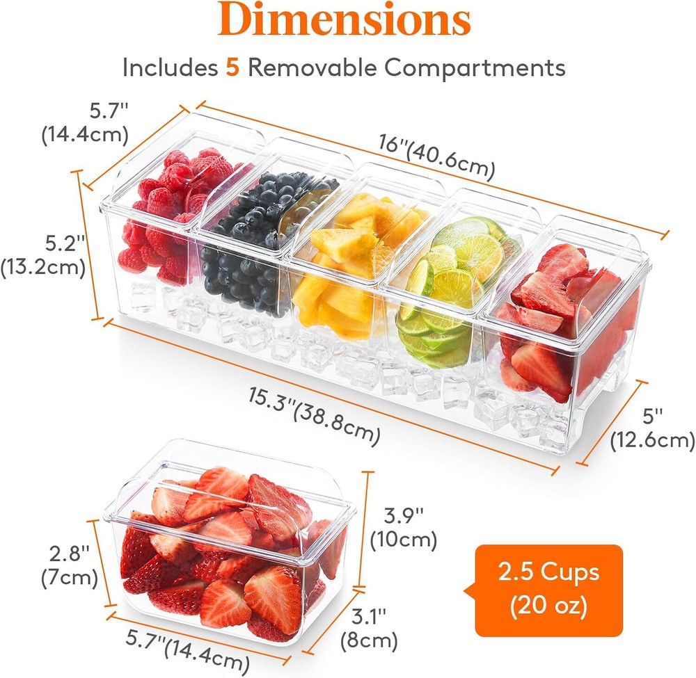 Ice Chilled Condiment Caddy 5 Containers(2.5 cup),Condiment Server Separate Lids