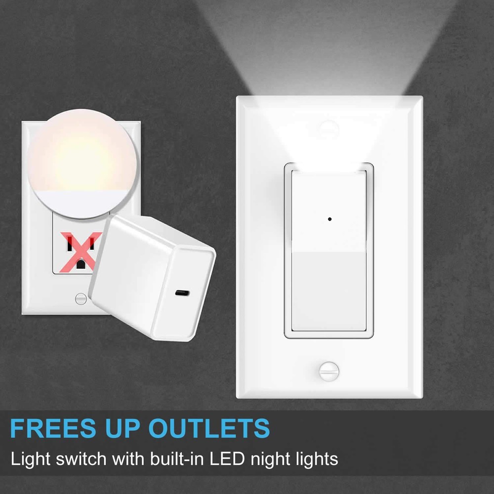 2 Pack Illuminated Light Switch,Paddle Rocker Wall Switch with LED Night Ligh...