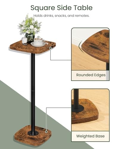 Small Side Table, Drink Table for Small Spaces, Square 1 Rustic Brown + Black