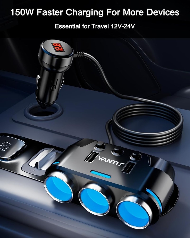 Car Cigarette Lighter Adapter with 150W Output & 3-Sockets for Multiple Devices