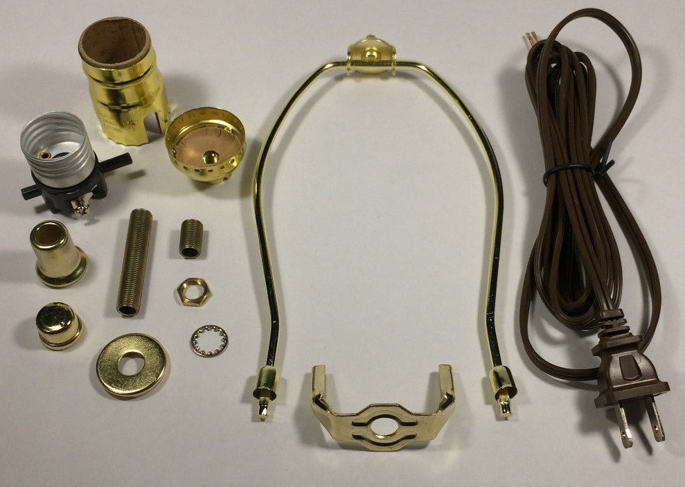 Table Lamp Wiring Kit 9" Brass Plated Harp, Push-Thru Socket, 8 ft. Brown Cord