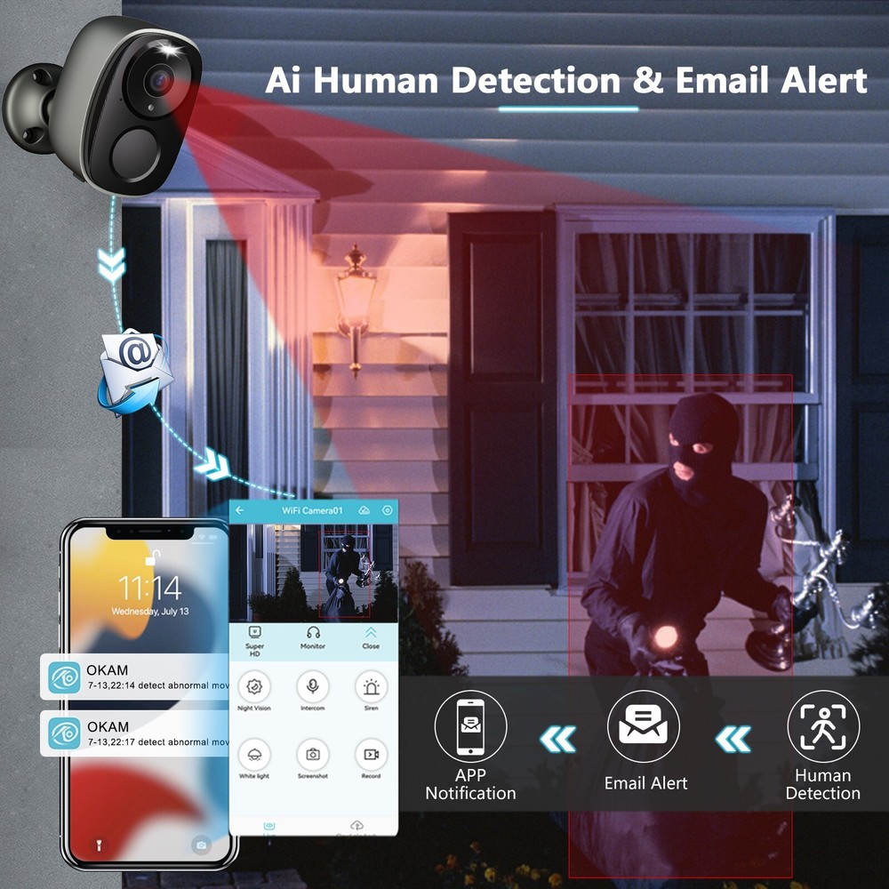 Solar Battery Powered Wireless Security Camera Wifi 3MP 2-Way Audio Surveillance