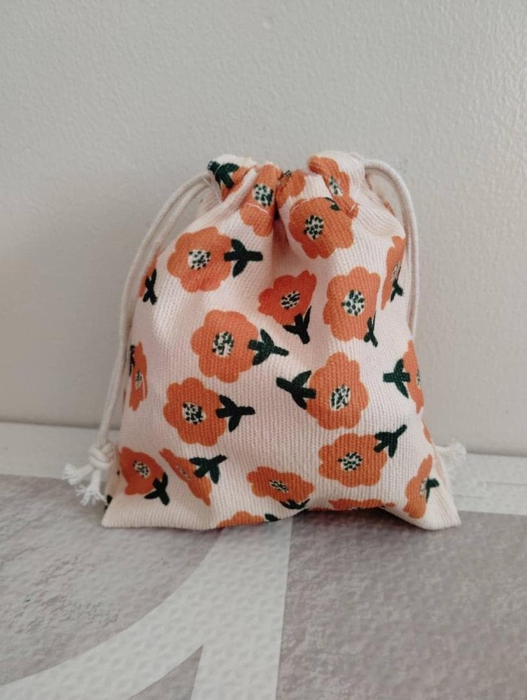* Retro Drawstring Bag * Small Item Pouch Orange Floral Pattern