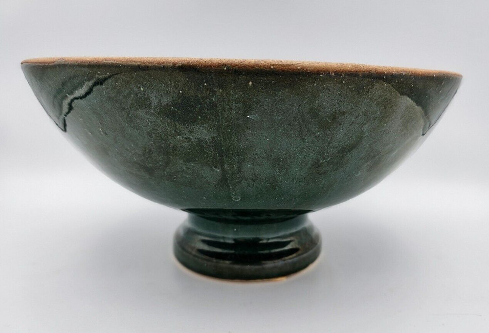 Large Decorative Bowl Glazed Stoneware on Pedestal, Possible Mark