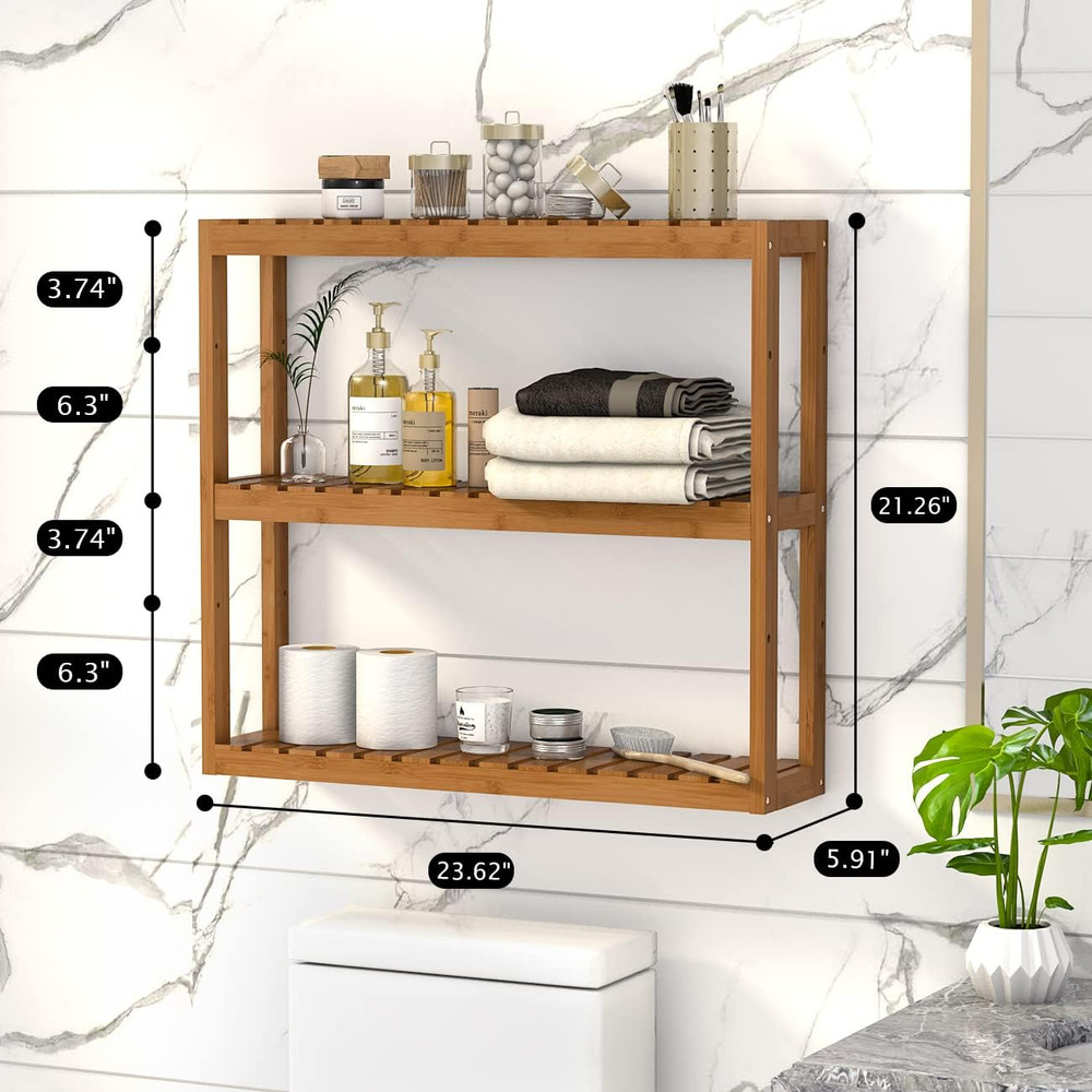 Bamboo Bathroom Shelf 3-Tier Wall Mount Storage Rack Multifunctional Adjustable