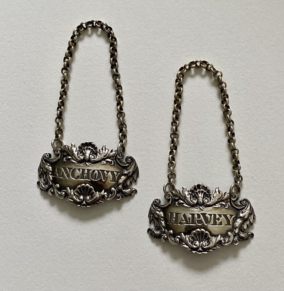 Antique SILVER BOTTLE LABLES - Pair,  Harvey & Anchovy, Solid Silver    (5I12)