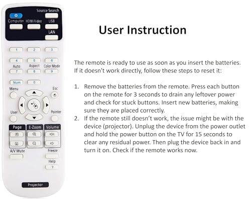 Projector Remote Control Compatible with Epson Projector, Home Cinema,