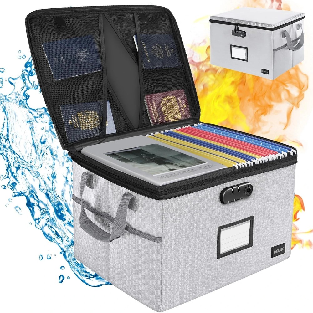 Fireproof File Storage Organizer Water Resistant Document Box Lock Grey Nokbox