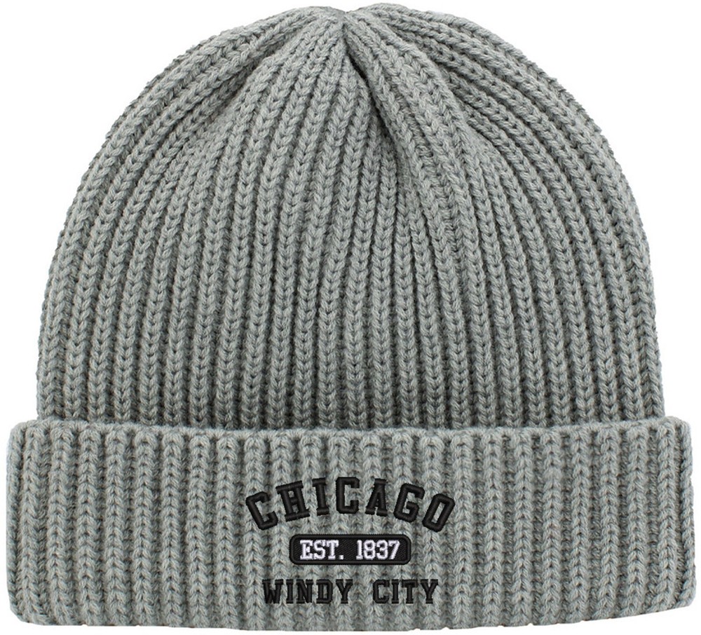 Chicago Windy City Est. 1837 Ribbed Beanie Hat Light Grey