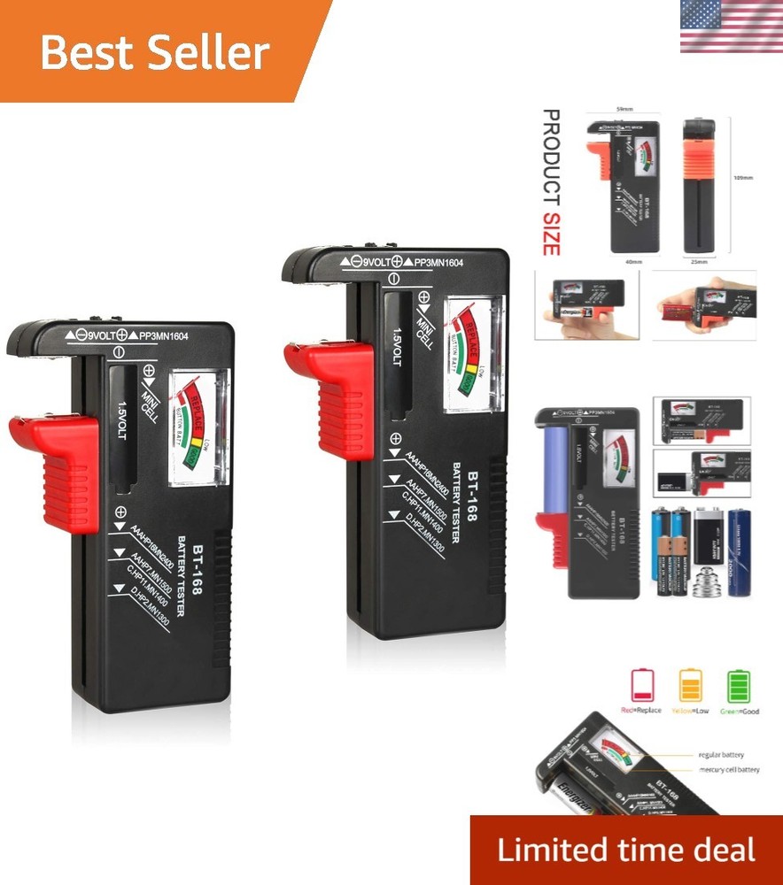 2Pcs Universal Battery Tester Checker for AA AAA C D 9V 1.5V Button Cell Batt...