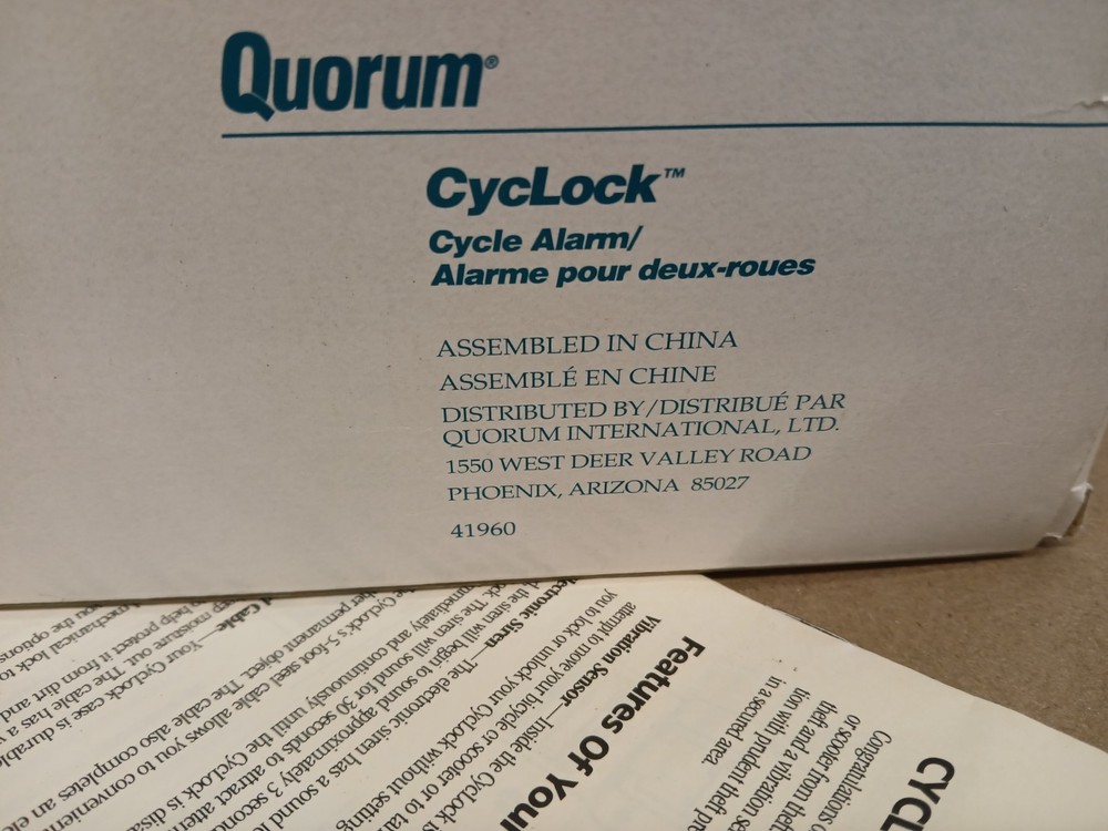 Vintage Quorum CycLock Bicycle Alarm Lock Security System Cable Lock & Box