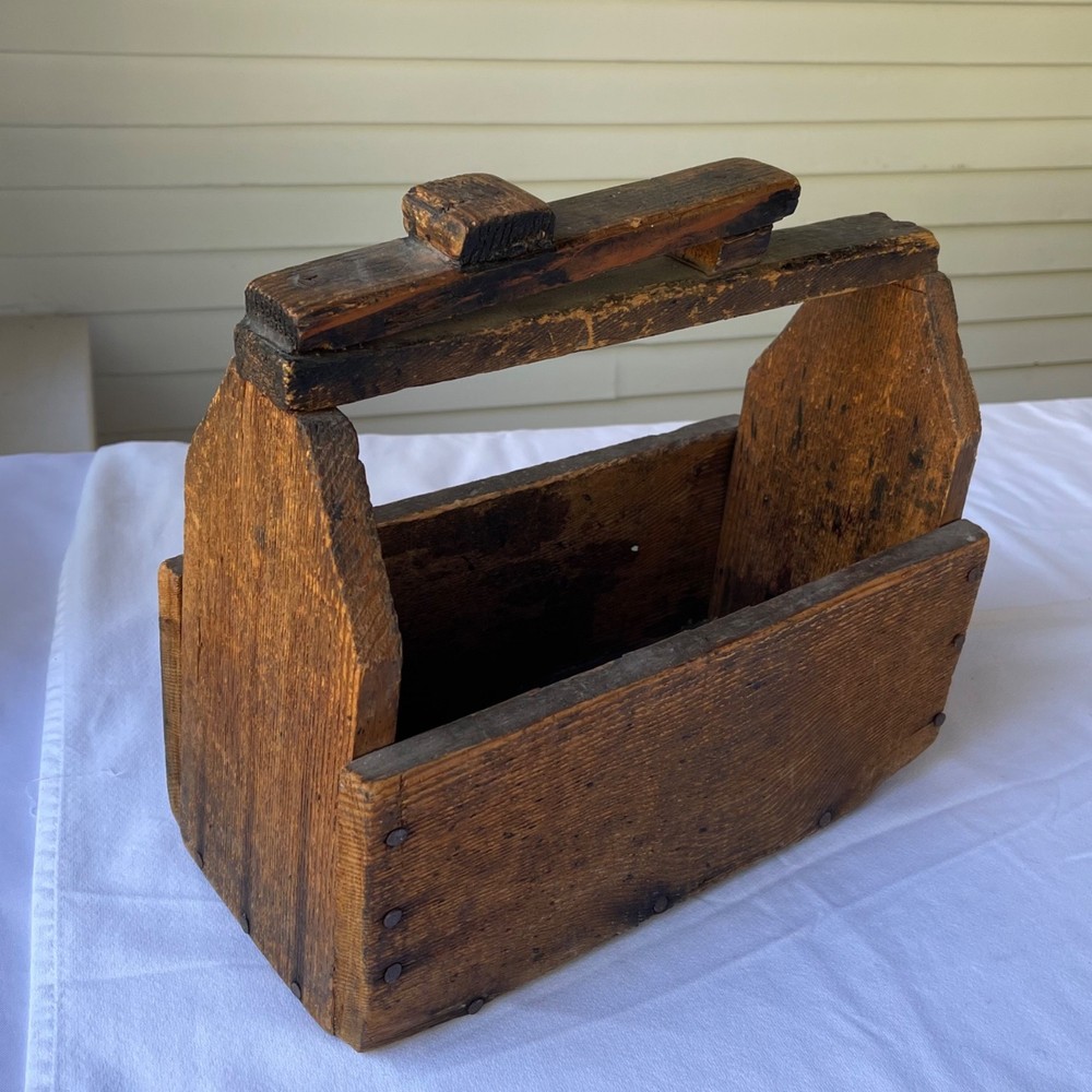 Primitive Hand Made Wood Tool Caddy Tote Rustic Shoe Shine