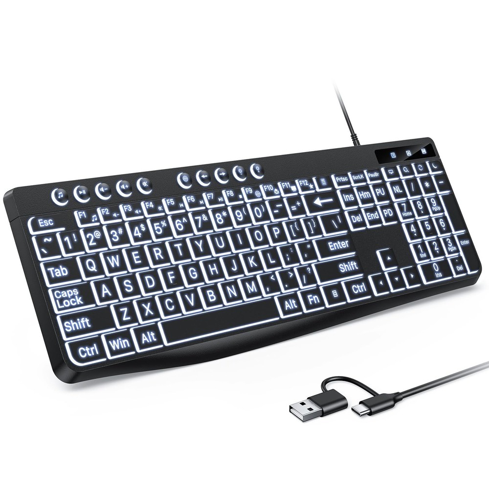 OMOTON Large Print Backlit Keyboard with Type-C and USB A Dual Interface, Wir...
