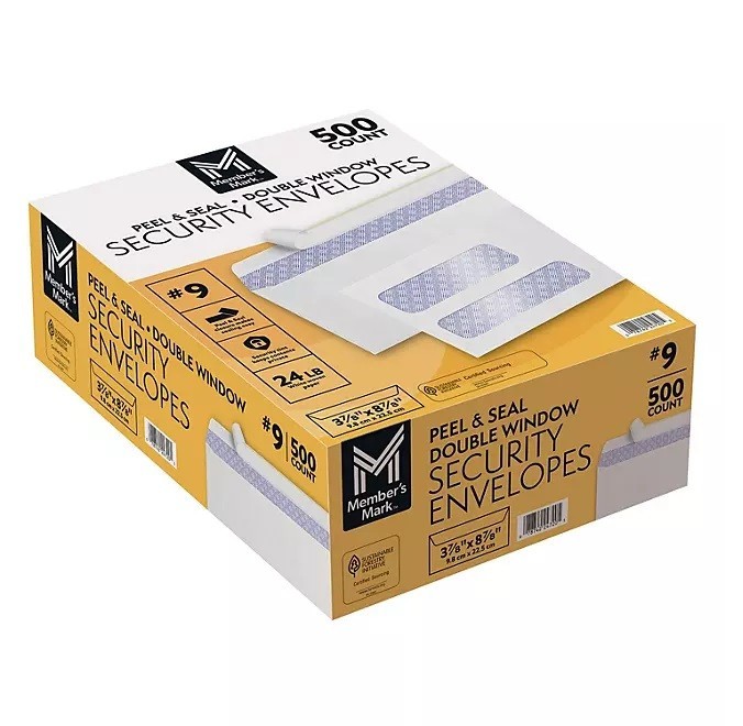 Member's Mark Security Envelope, Peel & Seal Double Window (Size #9) - Choose Ct