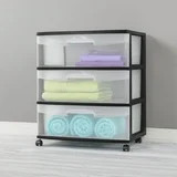3 Drawer Wide Cart with Wheels Black Plastic