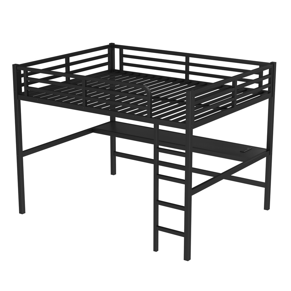 Metal Queen Size Loft Bed w/Power Outlet and LED Lighted Space-Saving Bed Frame