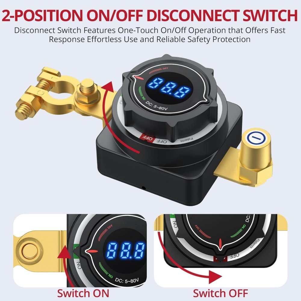 Battery Disconnect Switch, 5V-80V Side Post Battery Switch with Voltage Display