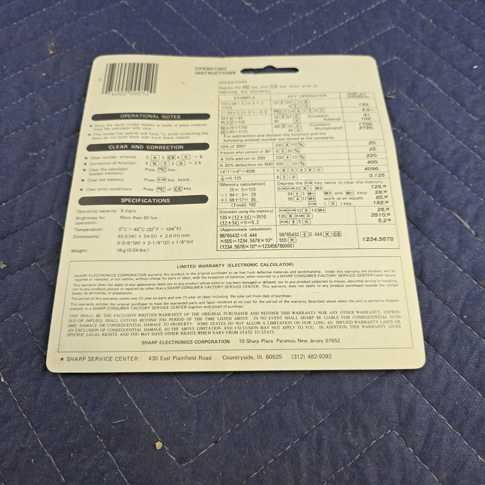 Sharp Card Solar Cell Calculator EL-865HB NOS