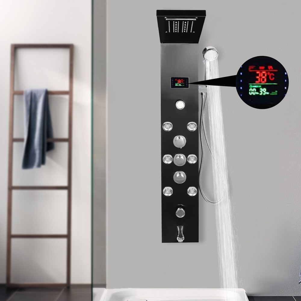 LED Rainfall Head Hand Shower Panel 8Jets Bathrooms Waterfall Jets Faucet System