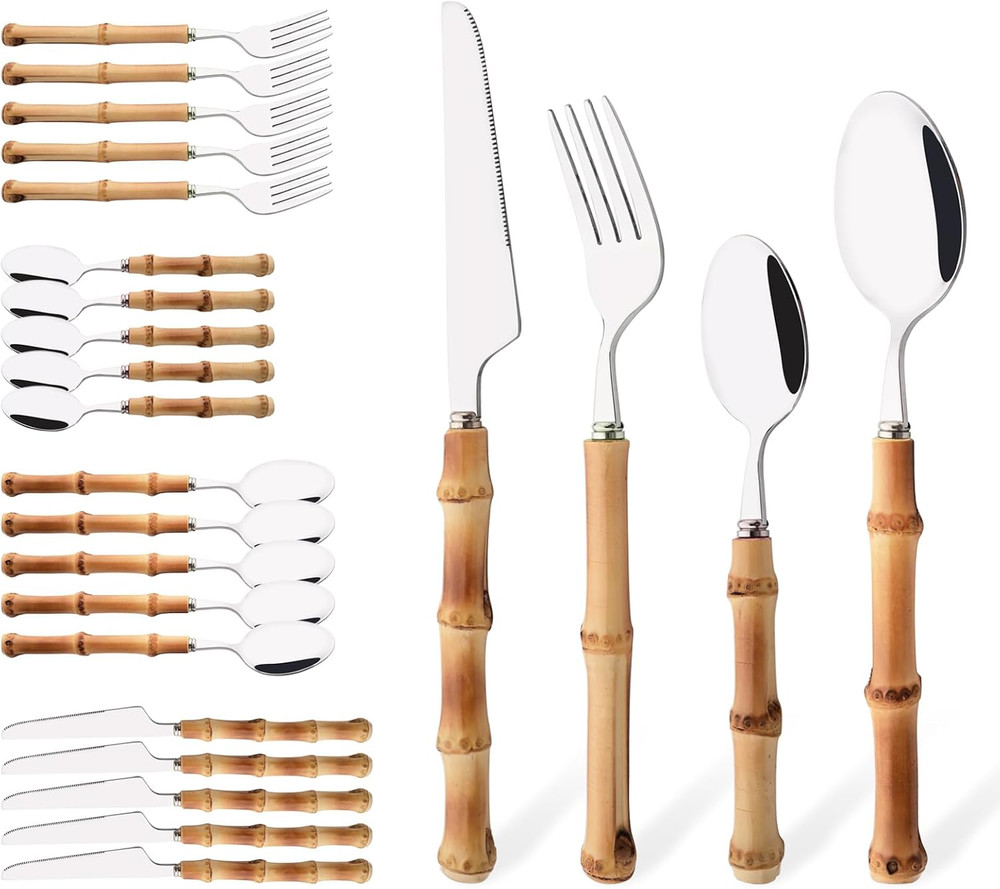 Bamboo Silverware Set, 24-Piece Natural Bamboo Flatware Cutlery with Stainless S