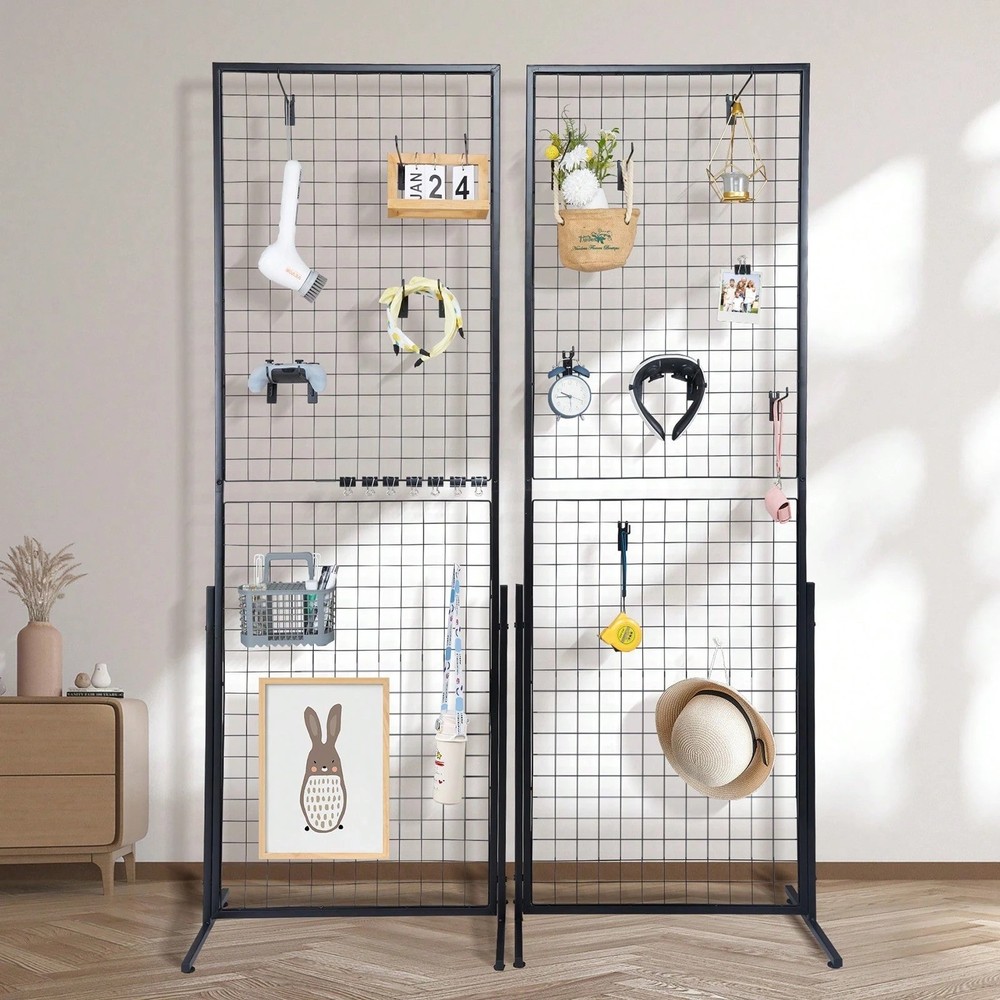 2Pcs 2x5.6ft Grid Wall Panel Tower Retail Display Rack with T-Base Hooks Clips