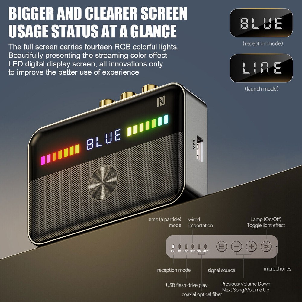 Bluetooth 5.3 Receiver Transmitter Wireless 3.5mm AUX NFC to 2 RCA Audio Adapter