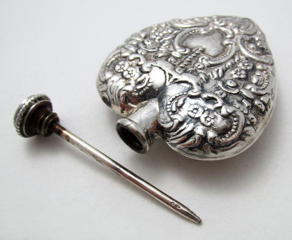 Vintage/Antique Heart Sterling Silver Scent Perfume Bottle Pendant Chatelaine