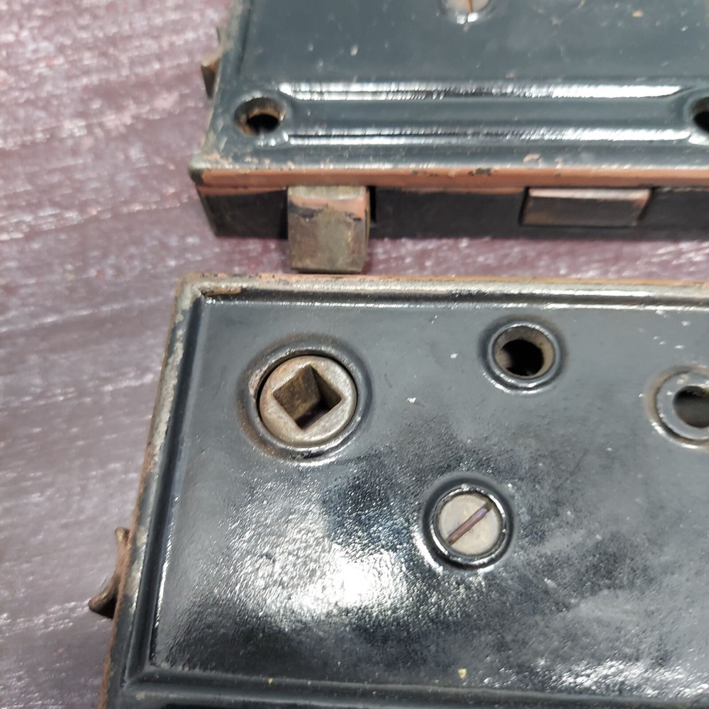 Two Vintage Black Mortise Lock Set With Skeleton Keyhole & Hardware Missing Key