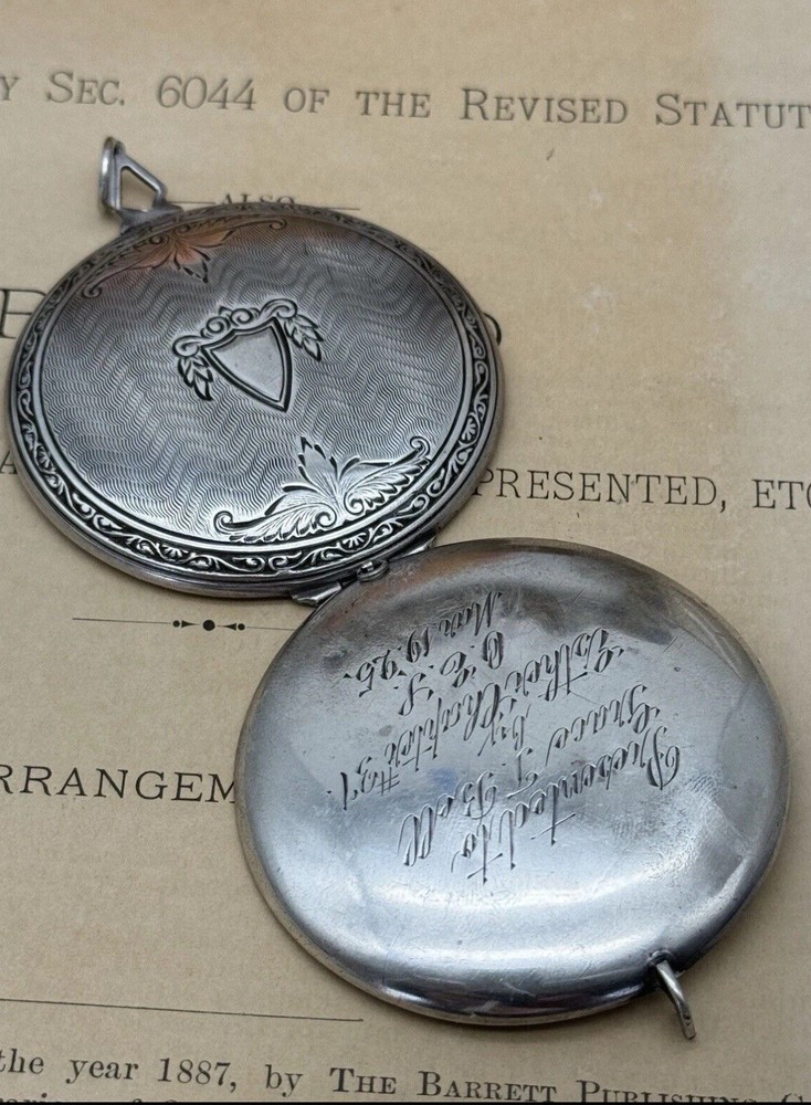 Antique Large Locket Sterling OES Round Engine Turned Shield Inscribed 1925
