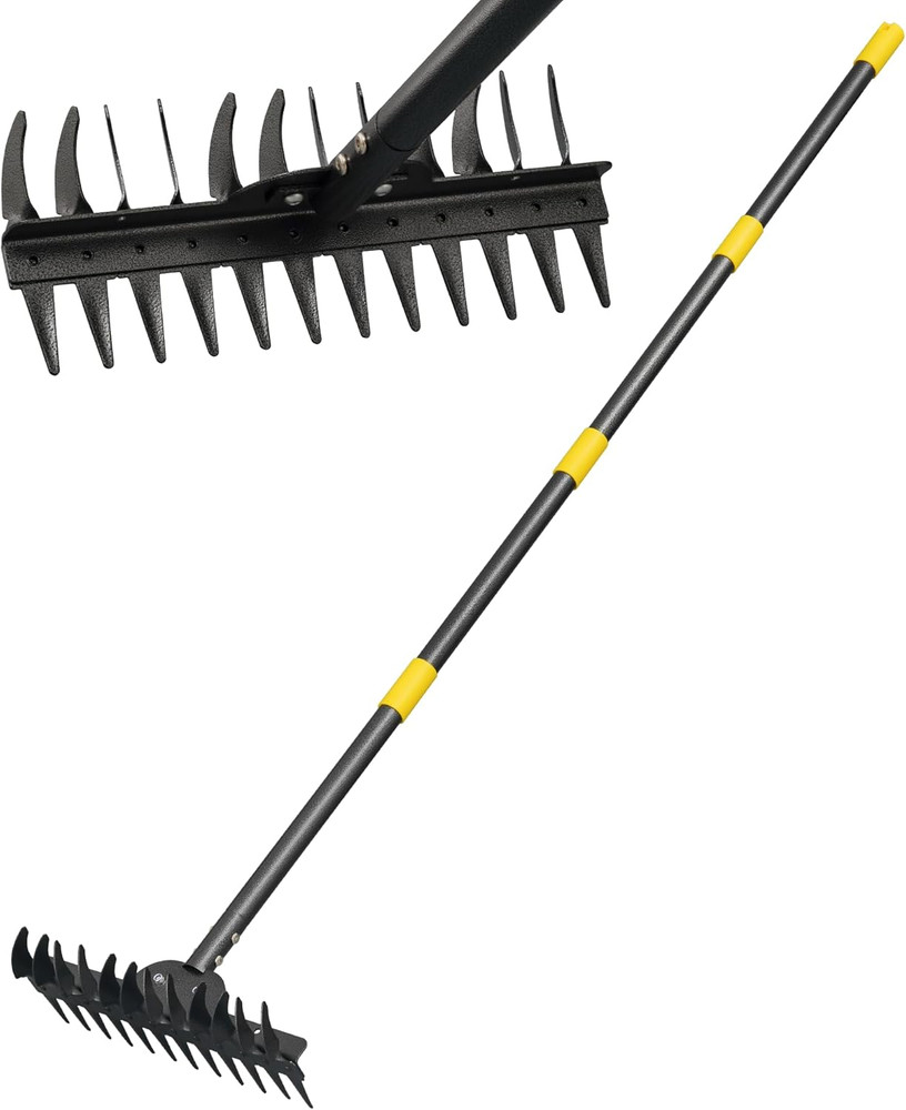Metal Garden Rake Heavy Duty, 62" Adjustable Handle Bow Rake Dual-Sided Dethatch