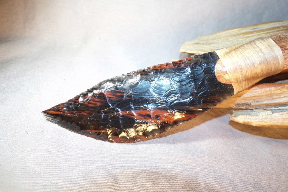 Triple Flow Obsidian Drop Point Knife Flint Knapping Black Powder Mountain Man