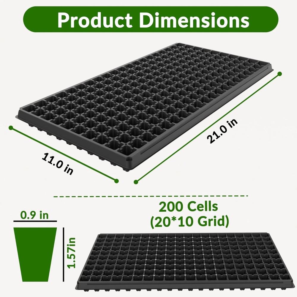10 Pack 200 Cell Seed Starter Trays, 1.5" Deep Plug Tray for Seedlings, Durab...