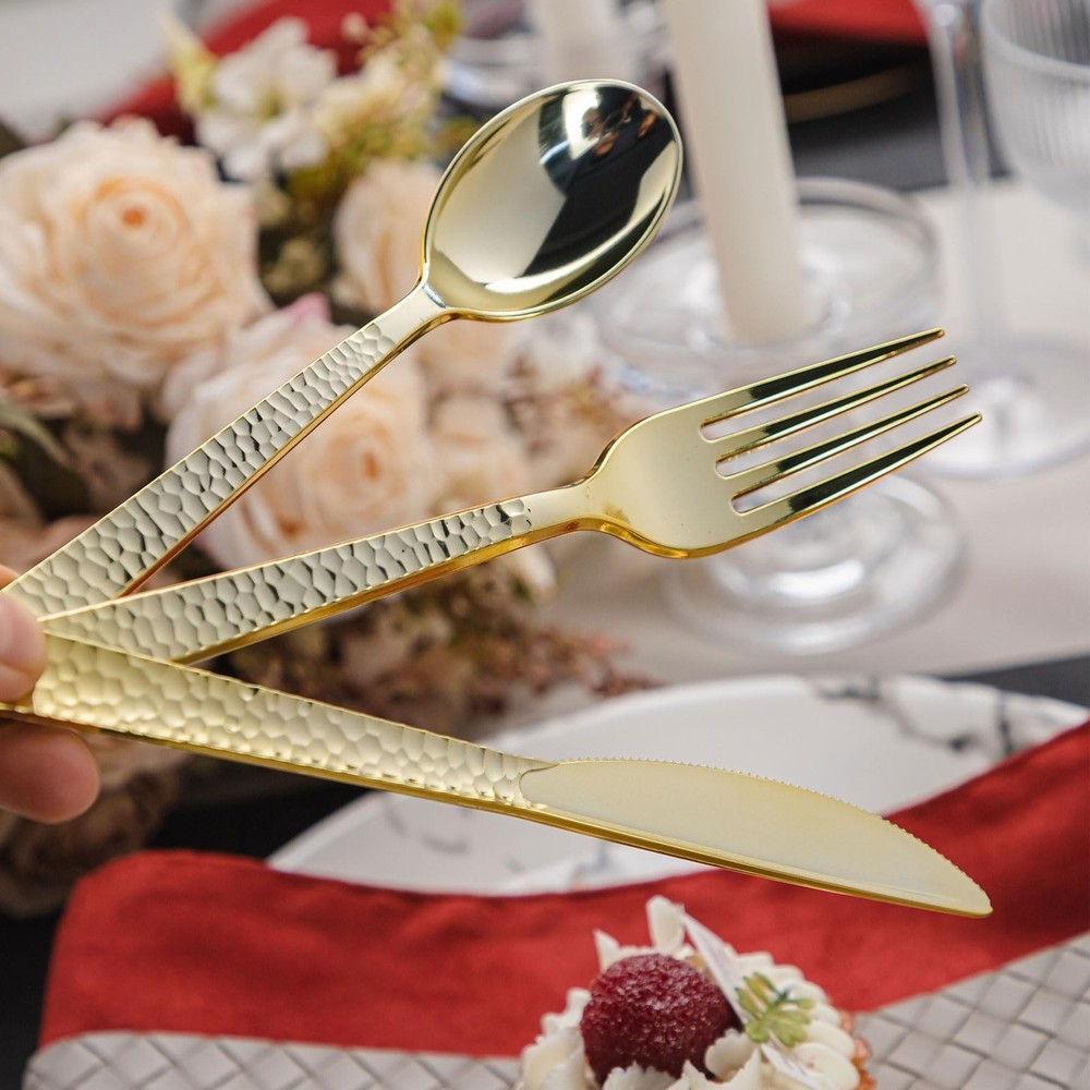 150PCS Gold Plastic Silverware, Heavy Duty Plastic Cutlery Set, Disposable Ut...
