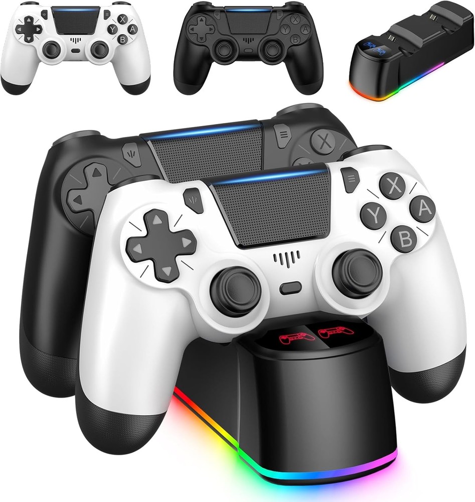 2 Pack Controllers with Charging Dock Station for PS4 Black & White