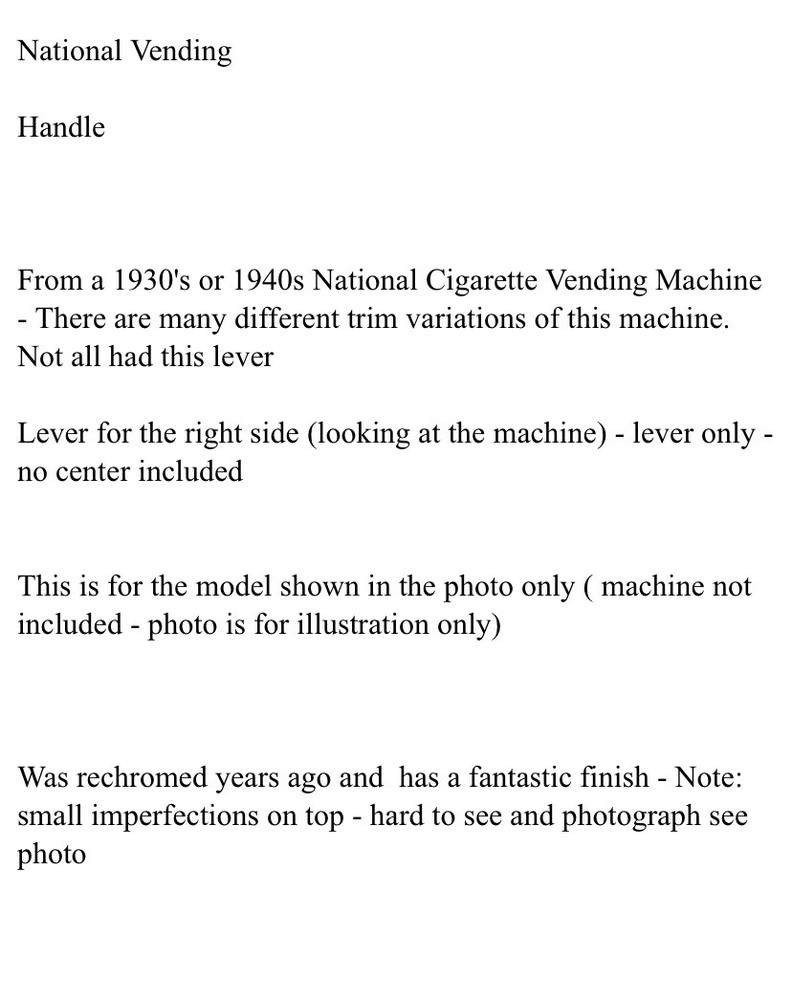 Lever Handle Right Side National Cigarette Vending Machine 1930's 1940's
