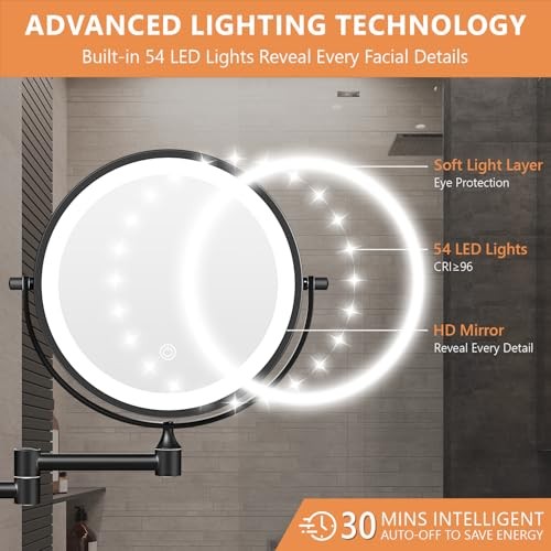 8'' Wall Mounted Lighted Makeup Mirror, 3200mAh Rechargeable Double Black 20x
