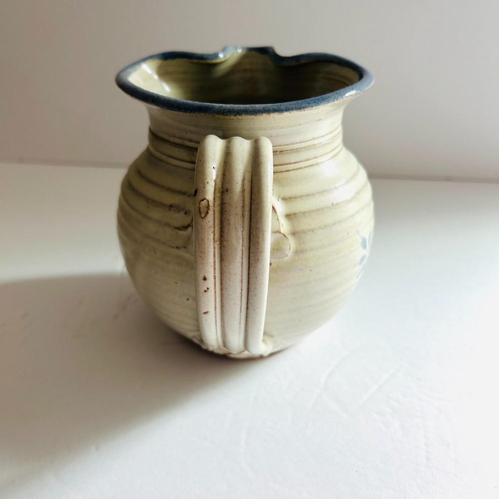 Studio B Pottery Pitcher Earthenware Blue Leaves Signed Thorpe 5.5 Inch