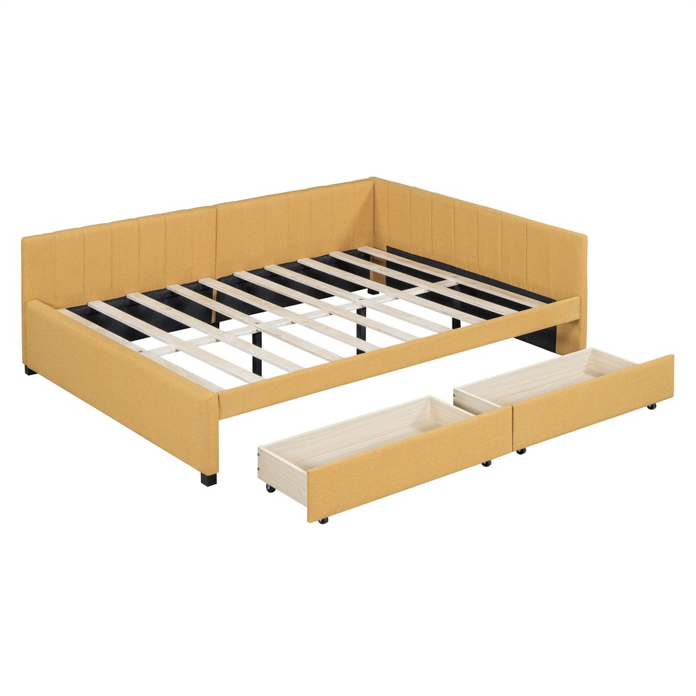 Full Size Daybed Upholstered Bed Frame Sofa Bed with 2 Storage Drawer Yellow US
