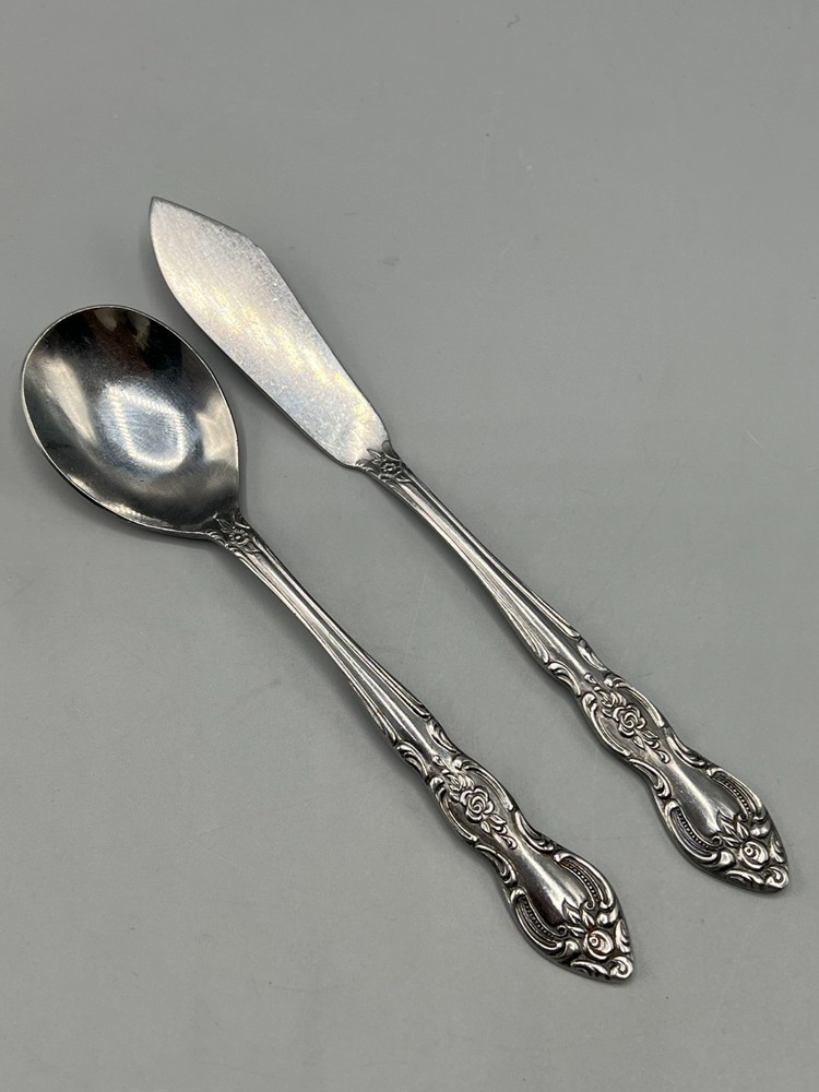 Orleans Rose Stainless Flatware Serving Set Sugar Spoon Butter Knife Scroll Edge