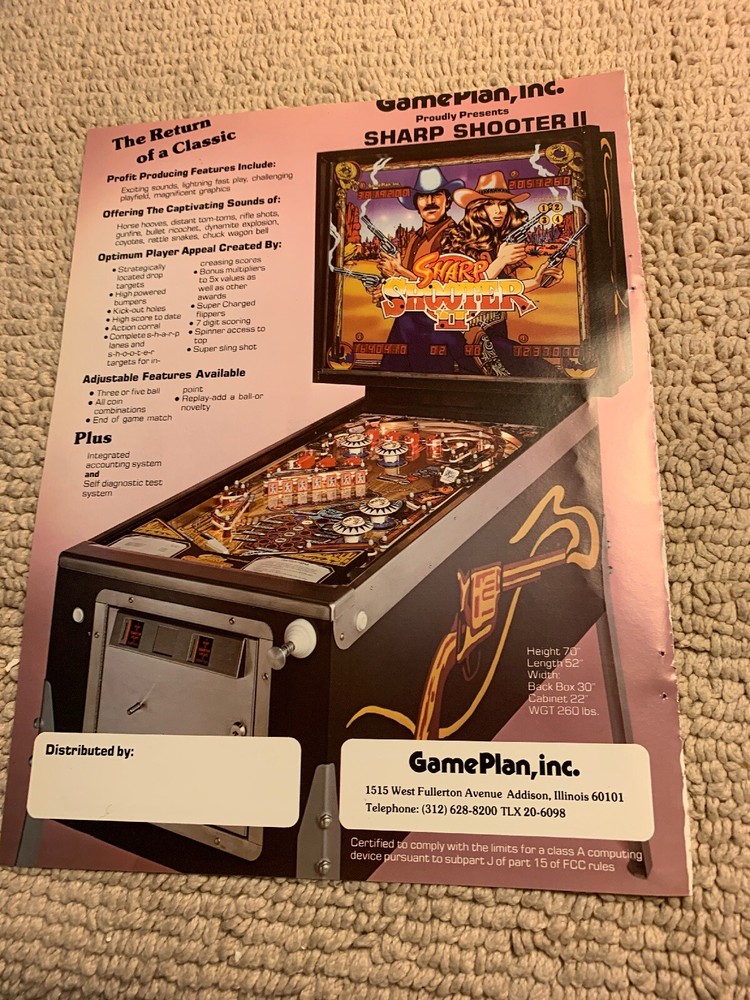 Original 1984 11- 8” Sharp Shooter 2 II Game Plan Pinball arcade game AD FLYER