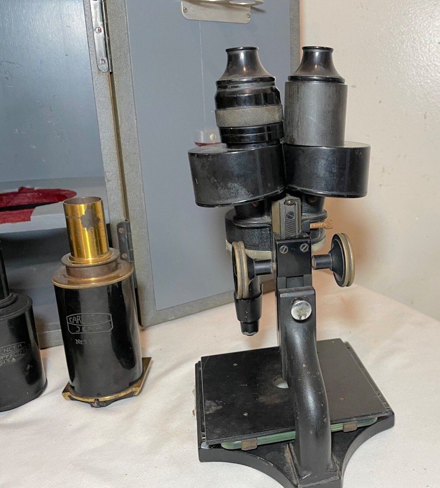 antique Carl Zeiss Spencer Buffalo binocular lab microscope brass attachments
