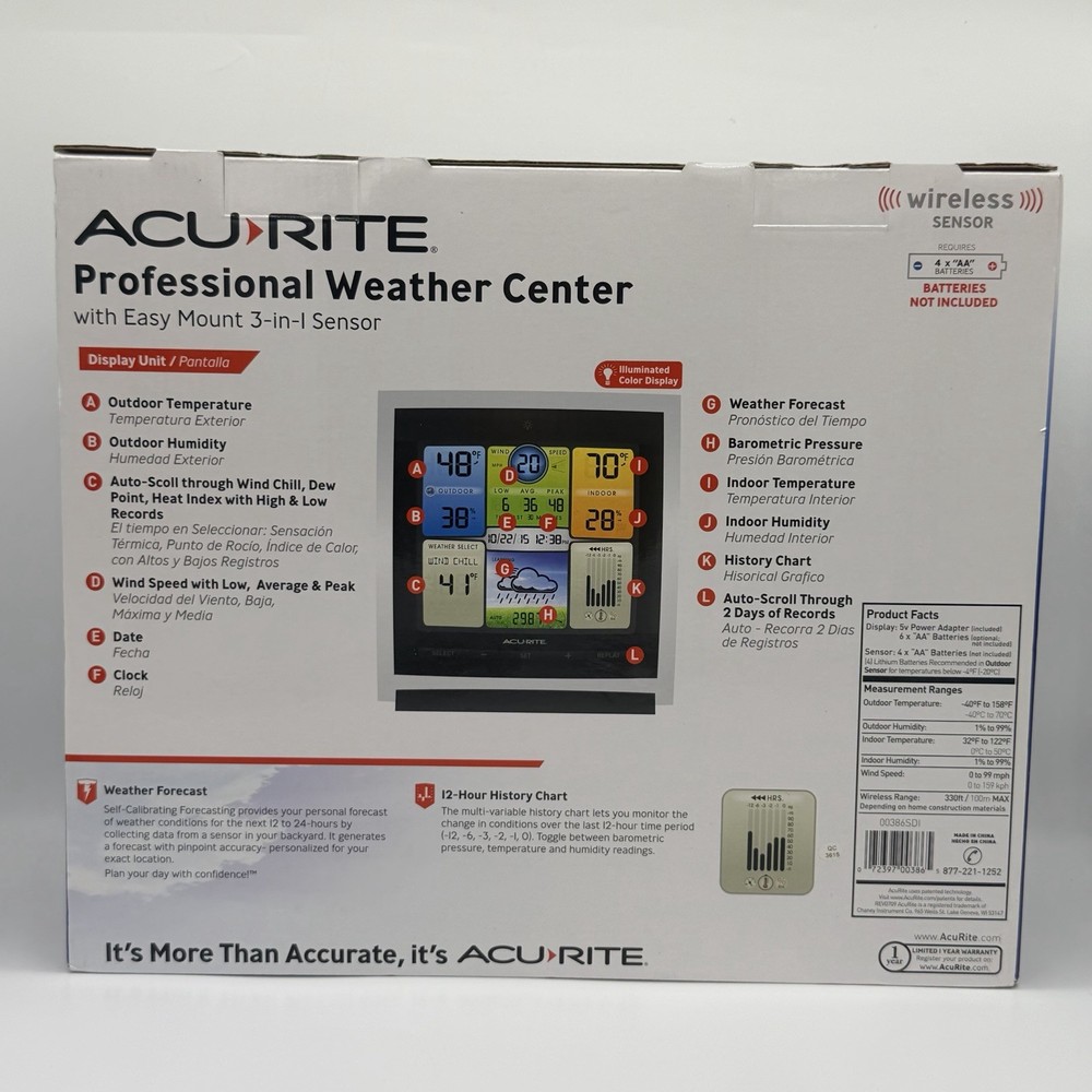 Acurite Professional Weather Center Wireless 3-in-1 Sensor Easy Mount Station