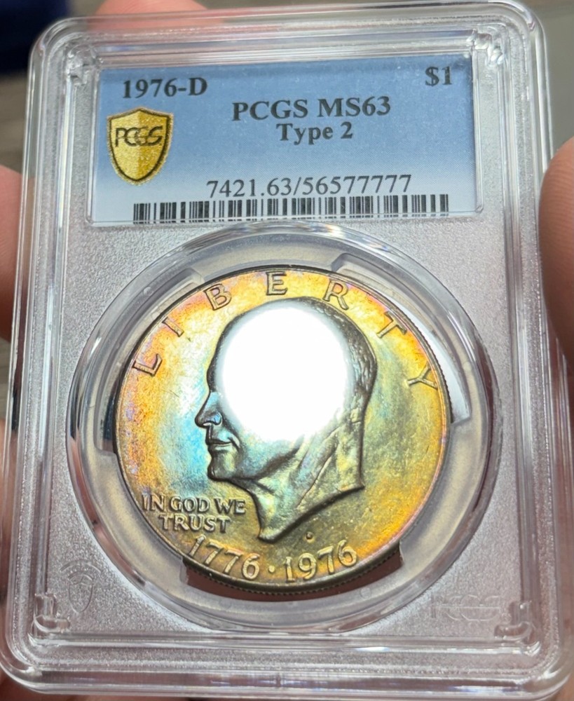 1976-D PCGS MS63 Type 2 Eisenhower $1 , Breathtaking Rainbow Toning!