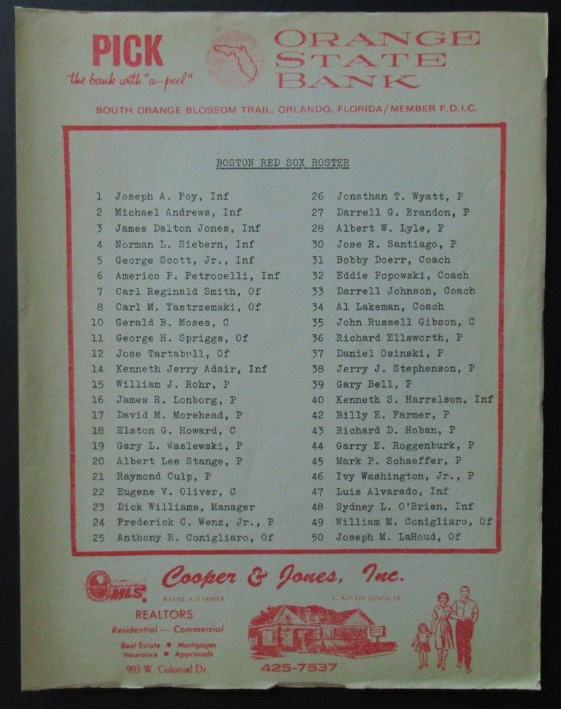 1968 Minnesota Twins vs Boston Red Sox Spring Training Program Carew Killebrew