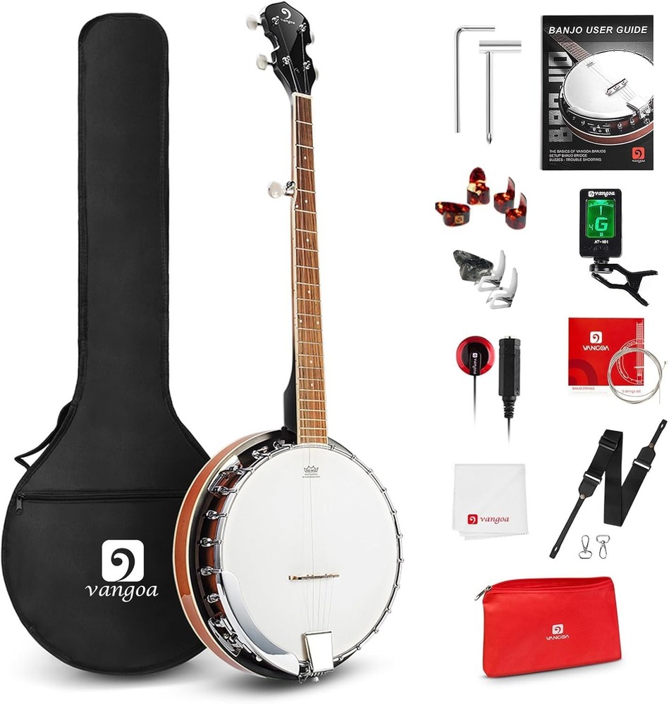 Complete Banjo Set - 5 Strings, Remo Head, Mahogany Finish & Adjustable Features