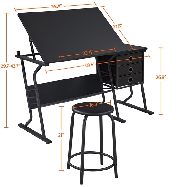 Drafting Desk for Artists Art Drawing Table w/Stool for Working Studying, Black