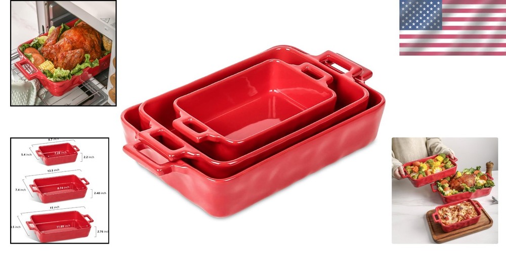 Red Ceramic Baking Pans Set 3pc Rectangular Lasagna Casserole Dish
